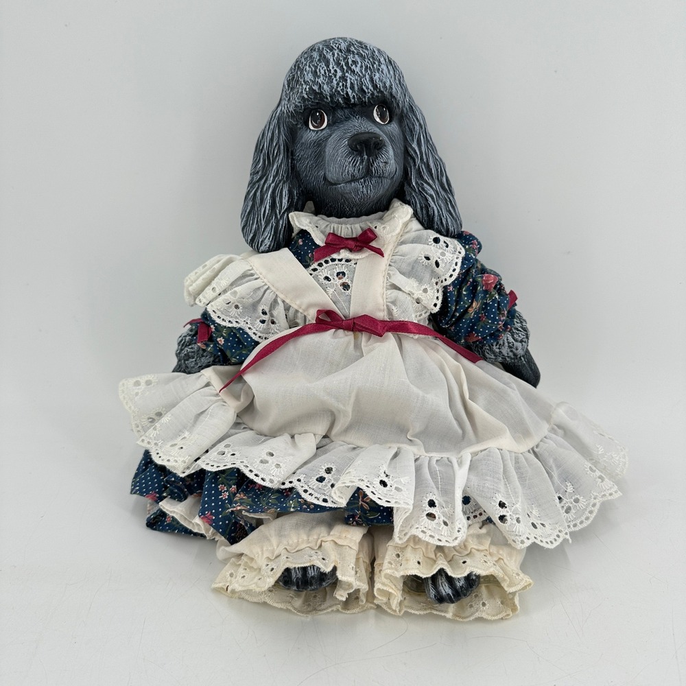 Vintage Style Black Poodle Ceramic Figurine in Blue Floral Dress and Apron 11"